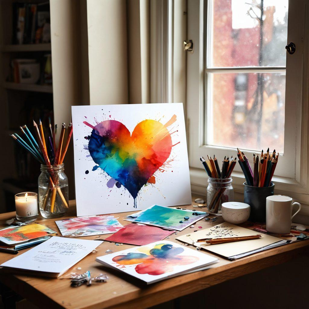 A warm and inviting workspace filled with colorful art supplies, canvases, and love notes scattered across the table. In the background, a splash of abstract art symbolizes passion and expression, while a soft, glowing light filters through a window, casting gentle shadows. Capture the essence of creativity with hints of romantic elements, like hearts or intertwined hands sketching together. vibrant colors. super-realistic.