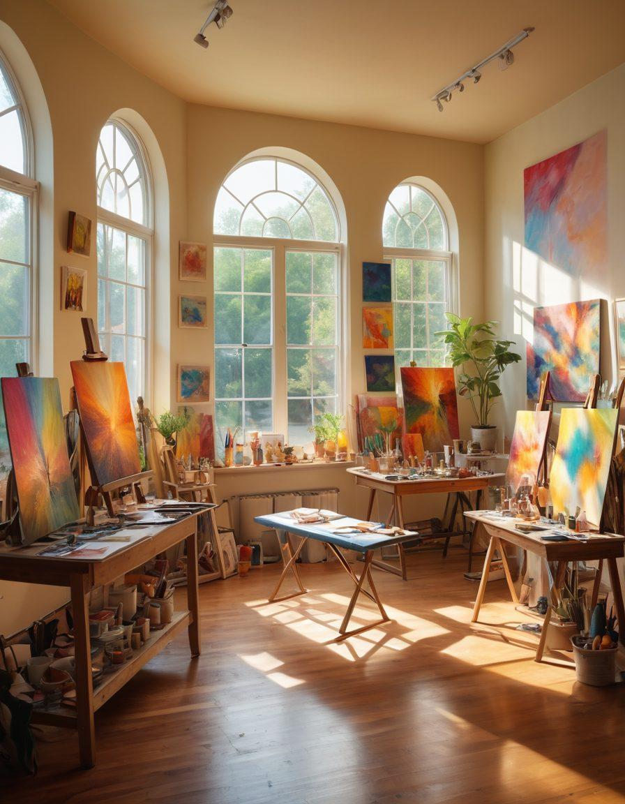 A vibrant art studio filled with colorful paintings and sculptures, with artists passionately collaborating and sharing their ideas. In the center, a large canvas showcases a masterpiece in progress, symbolizing the transformation of adoration into creativity. Warm sunlight filters through large windows, illuminating the space with a joyful atmosphere. Encourage elements of diversity in the artists' styles and backgrounds. super-realistic. vibrant colors. soft focus.