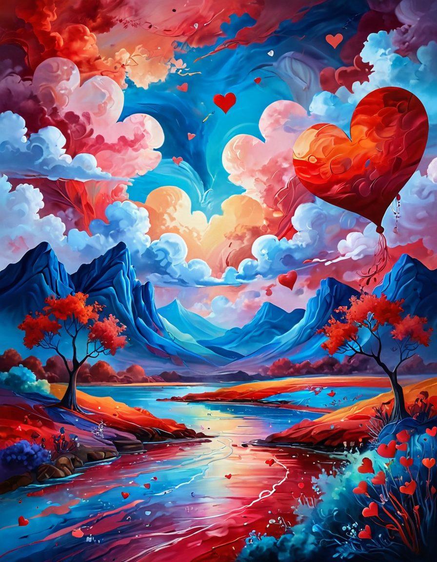 A whimsical landscape blending hearts and abstract shapes, symbolizing love and imagination. Incorporate swirling colors that transition between warm reds and cool blues, representing emotional depth. Feature a dreamy sky with floating paintbrushes and hearts, surrounded by ethereal clouds. Emphasize the ethereal nature of creativity and emotion. vibrant colors. surreal art.